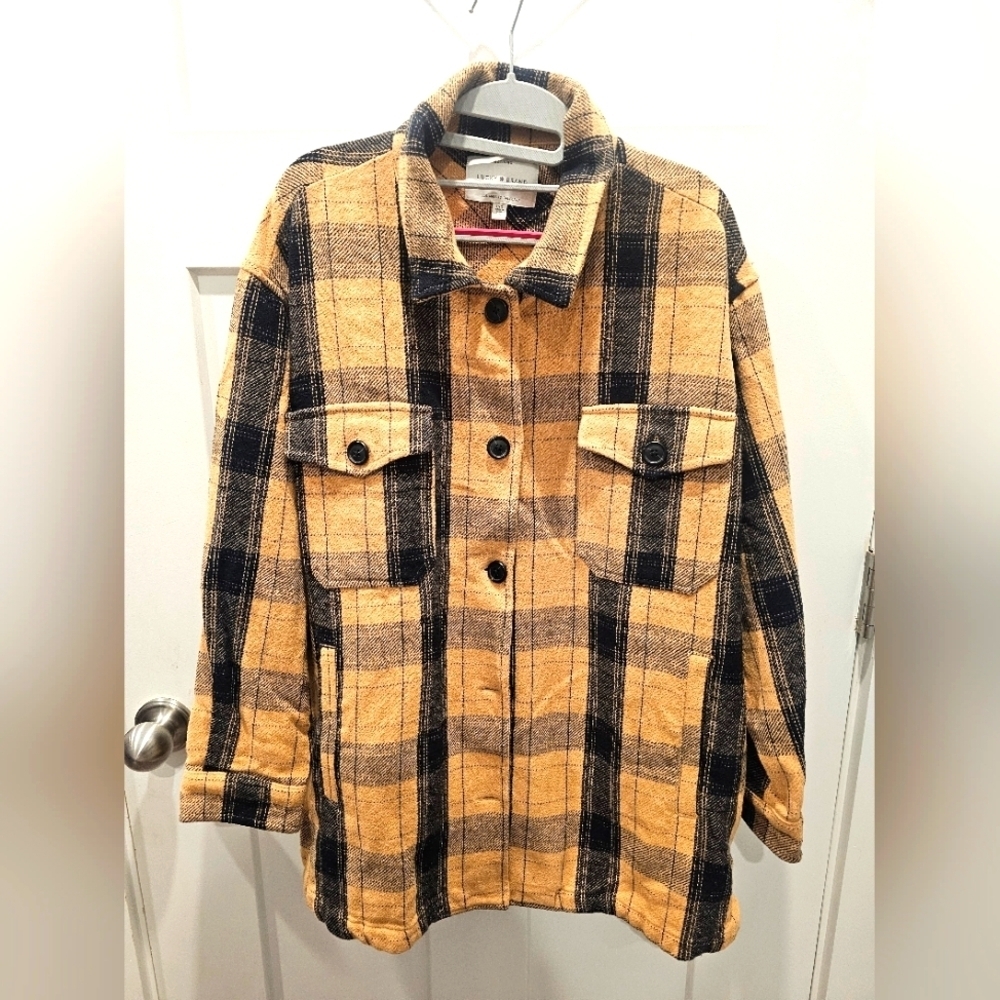 Lucky Brand Plaid Shacket Jacket Women’s Large Tan Black Button Front Pockets